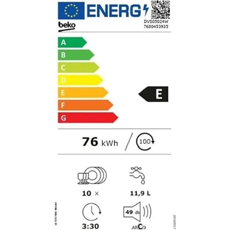 Beko dvs05024w, Geschirrspüler, E, Geräuschemissionsklasse C, Geräuschemissionen 49 Dezibel – Bild 4
