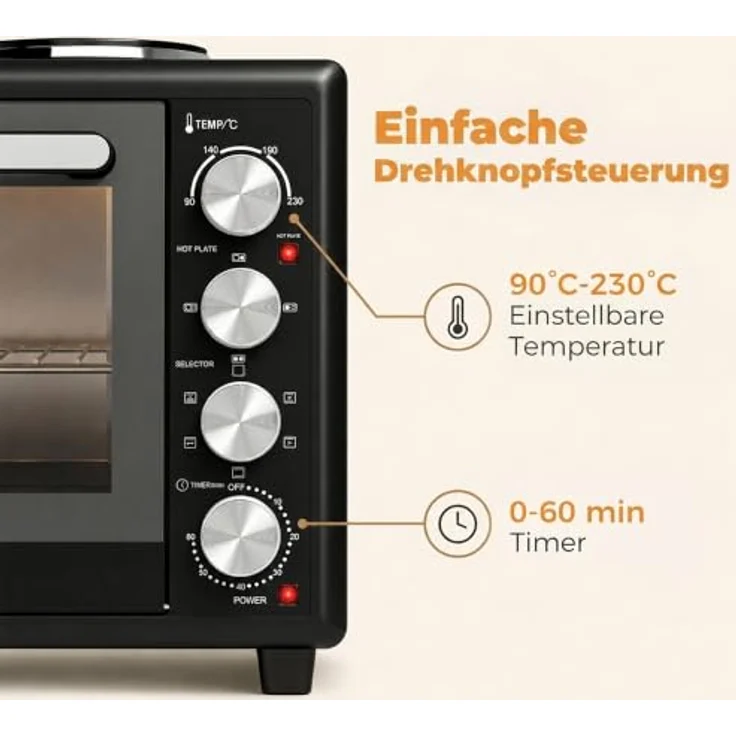 HOMCOM Minibackofen mit Umluft und 2 Kochplatten, 36L, 90-230℃, 60-Min.-Timer, Schwarz – Bild 8