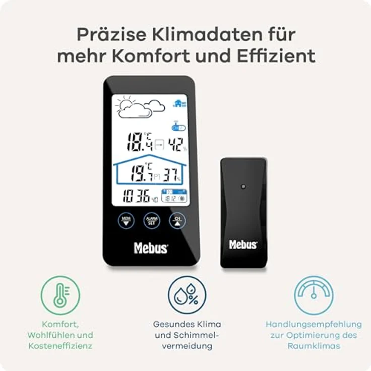 Mebus Wetterstation Modell 11908, digitale Anzeige mit Innen- und Außensensor, Wettervorhersage, Mondphasen, Wecker und Displaybeleuchtung, Schwarz, 16 cm – Bild 2