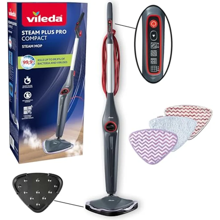 Vileda Steam Plus Pro Compact Dampfreiniger, hygienische Reinigung ohne Chemie, 4 Dampfstufen, für empfindliche Böden, Eco-Verpackung – Bild 1