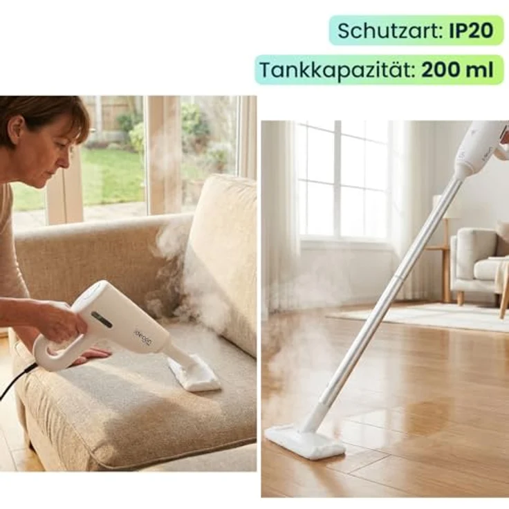 shop'n smile ideoon Dampfreiniger 3in1, 1200W, 100°C Dampftechnologie, 200 ml, beutellos, LED-Betriebsanzeige, 10 Min. Dampfbetrieb, 15 Sek. Aufheizzeit – Bild 5