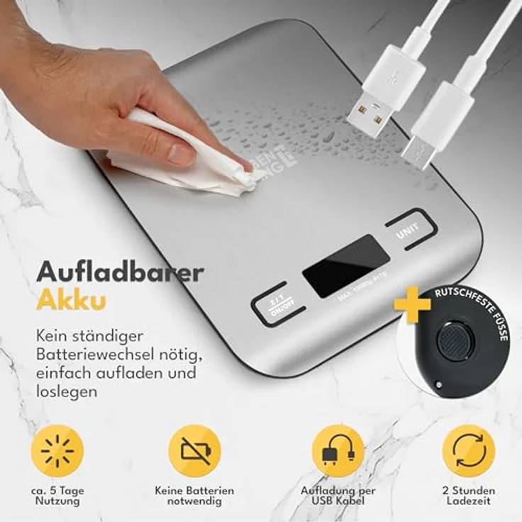 LEBENLANG Digitale Küchenwaage, USB aufladbar, bis 10 kg, präzise 1g Messung, Edelstahl-Design, inkl. Ladekabel: Tests, Infos & Preisvergleich