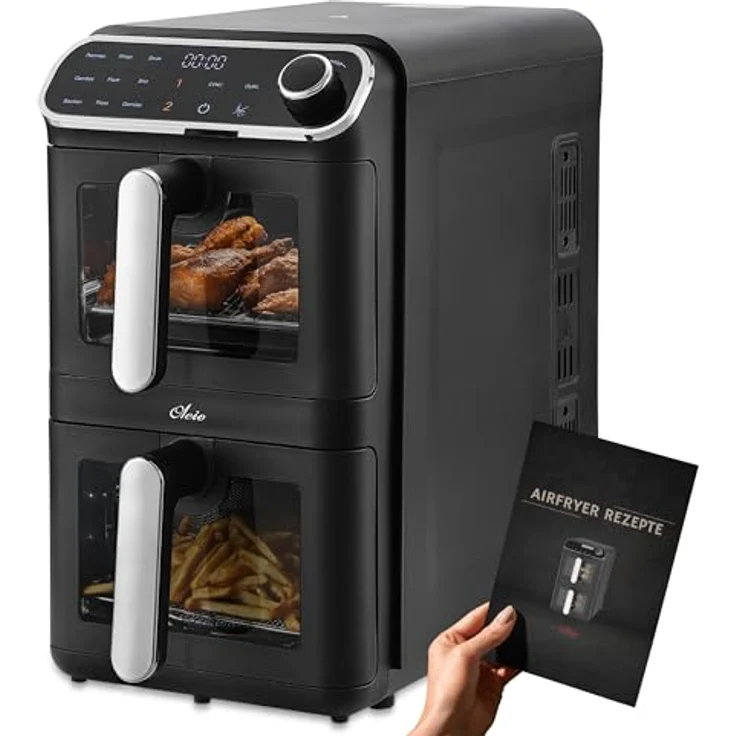 OLEIO Oleio Maestro Heißluftfritteuse Vertikale Doppelkammer, 2460 Watt, 11L, 2 Ebenen, Sichtfenster, Antihaftbeschichtung, spülmaschinenfeste Körbe, platzsparend, energiesparend – Bild 1
