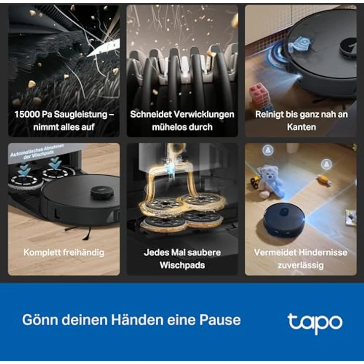 Tapo RV50 Pro Omni Saugroboter mit Wischfunktion, 15.000 Pa, selbstreinigende All-in-One-Dockingstation, Anti-Tangle-System, Smart-Home-kompatibel, Matter – Bild 3