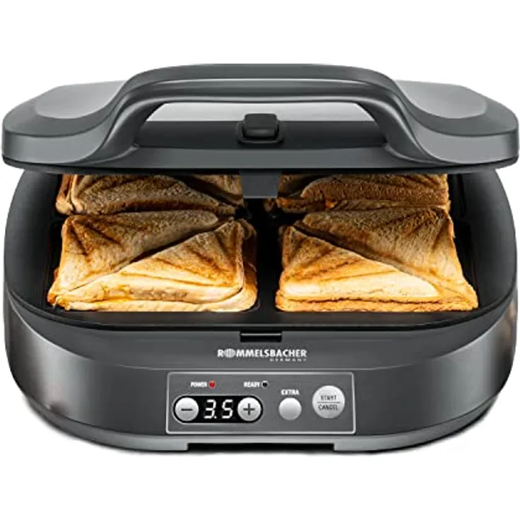 ROMMELSBACHER Sandwich Maker ST 1800-4 XL-Sandwiches, Antihaftbeschichtung, 15 Minuten Zeitschaltuhr, automatische Abschaltung, Cool Touch Gehäuse, 1800 Watt, schiefergrau