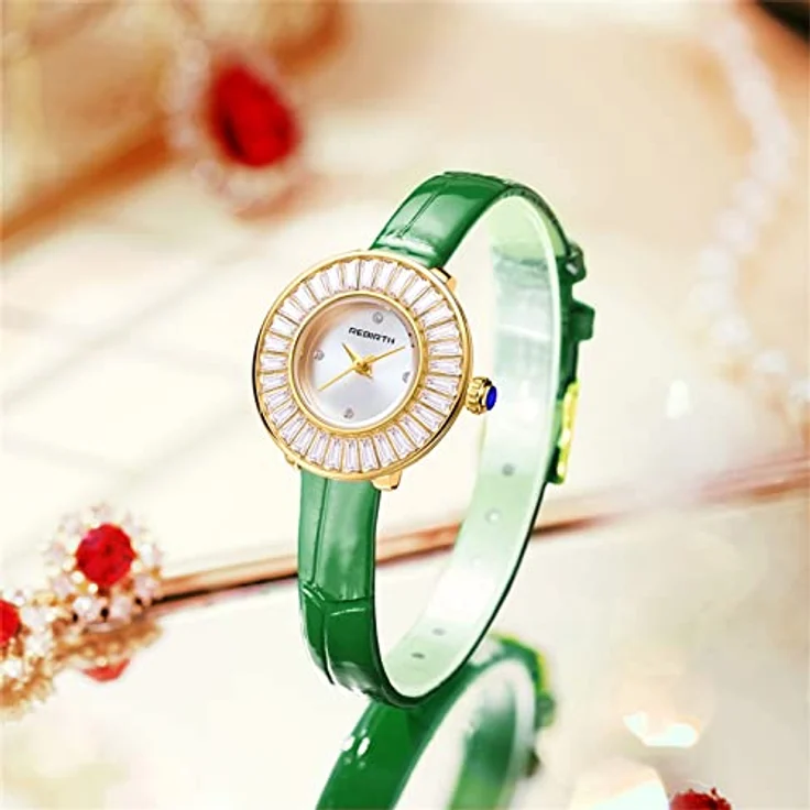 JewelryWe Damenuhr Quarz Analog, Elegant Trapezförmig mit Kristallen, Echtleder Armband, 30m Wasserdicht, Grün – Bild 5