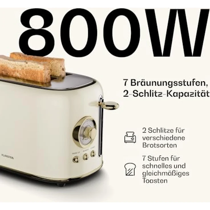 Klarstein Victoria Toaster, Retro-Toaster für 2 Scheiben, 800 W, 7 Bräunungsstufen, Auftau- und Aufwärmfunktion, Brötchenhalter, Krümelblech – Bild 4