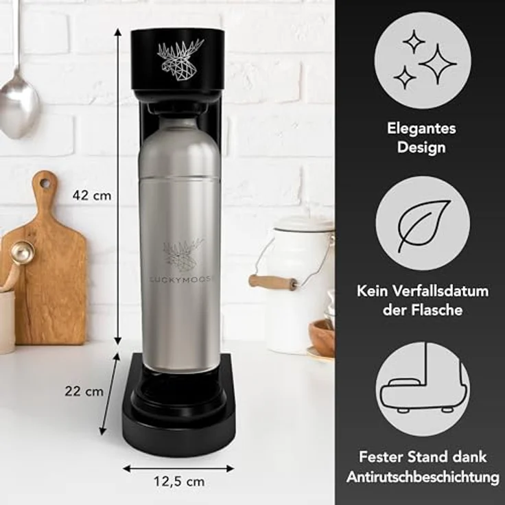 Luckymoose Infinity Wassersprudler mit 2x 1,25L Edelstahlflaschen - Spart bis zu 25% CO2 dank Stopp-Automatik - Flaschen spülmaschinenfest & ohne Ablaufdatum, Pink nicht passend – Bild 2