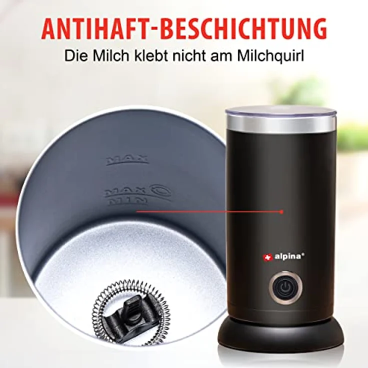 alpina Milchaufschäumer - 230V/450W - 3-in-1 Milchschäumer - 300 ML - Kalter und Heißer Milchschaum - Erhitzen von Milch bis zu 65°C - Antihaftbeschichtung - Schwarz – Bild 5