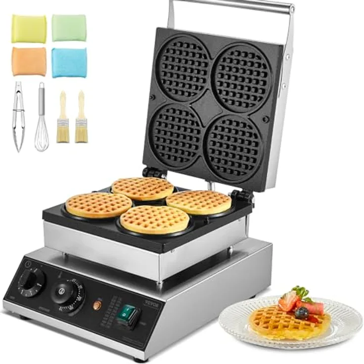 VEVOR kommerzielles Waffeleisen 1750 W, belgisches Waffeleisen aus Edelstahl mit Temperatur- und Zeitregelung, antihaftbeschichtet, für Restaurant Bäckerei Snackbar, 4 runde Waffeln