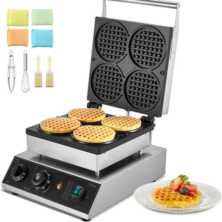 VEVOR kommerzielles Waffeleisen 1750 W, belgisches Waffeleisen aus Edelstahl mit Temperatur- und Zeitregelung, antihaftbeschichtet, für Restaurant Bäckerei Snackbar, 4 runde Waffeln – Bild 1