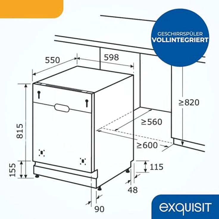 Exquisit EGSP56012-E-030E, vollintegrierter Einbaugeschirrspüler 60cm, 12 Maßgedecke, 11 Liter Verbrauch, 4 Spülprogramme, ECO-Modus, silber – Bild 5