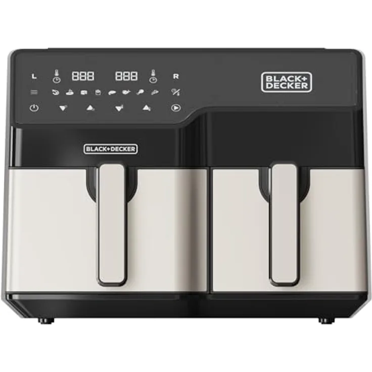 BLACK+DECKER BXAF9000E Heißluftfritteuse 2500W | 9L Volumen | 8 Programme | Touch-Display | Temperatur 80-200ºC | Double Cooking - Silber
