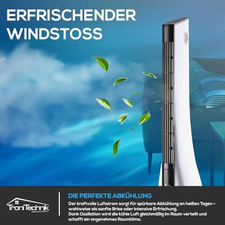 Tronitechnik® Turmventilator TUV05, 88 cm Standventilator mit Oszillation, Timer und 3 Stufen, leise und platzsparend für Schlafzimmer, Büro und Wohnzimmer, 50 W – Bild 4