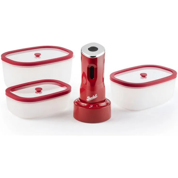 Berkel Vakuumierer Kit all in one Icon Mini Vakuumpumpe, kompaktes Design in Berkel-Rot, inkl. 3 Vakuumbehälter und 10 Vakuumbeuteln