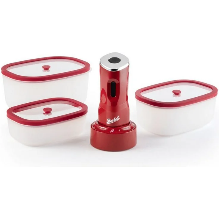 Berkel Vakuumierer Kit all in one Icon Mini Vakuumpumpe, kompaktes Design in Berkel-Rot, inkl. 3 Vakuumbehälter und 10 Vakuumbeuteln