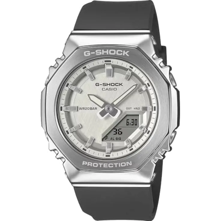 Casio G-Shock GM-S2110-1A1ER, Analog-Digitaluhr für Herren, Edelstahlgehäuse Silber, schwarzes Harzarmband, wasserdicht bis 20 bar