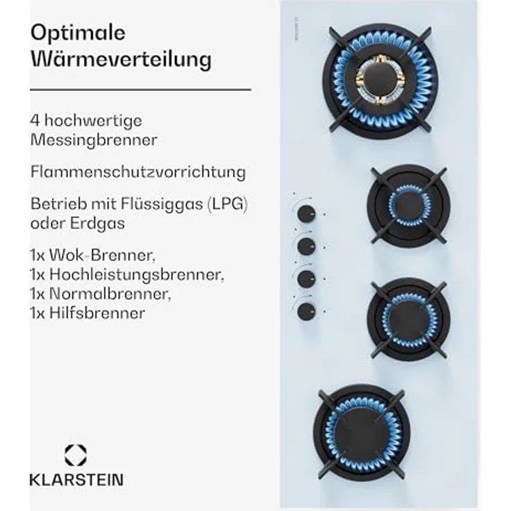 Klarstein Goldflame 4 Slim Gaskochfeld, 4 Messingbrenner, 3,4kW, 2,4kW, 1,8kW, 1kW, Weiß, inkl. Schlauch & Druckminderer – Bild 3