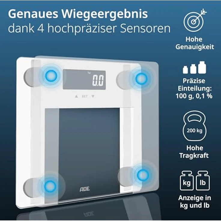 ADE Digitale Körperfettwaage bis 200 kg | Personenwaage mit Körperfettanalyse, BMI, Muskelmasse, Körperwasser, Gewicht, BMR | Körperwaage mit Benutzererkennung | weiß – Bild 2