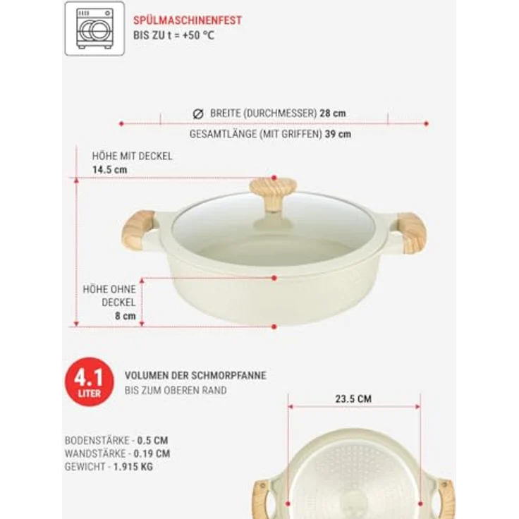 RESTO 93806 Bräter Ø28cm beige, 4,1L, antihaftbeschichtet, Induktion, mit Glasdeckel und ergonomischen Holzoptikgriffen, im Geschenkkarton – Bild 3