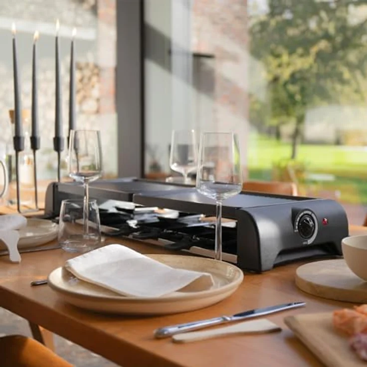 bmf-versand® Raclette Grill 12 Personen XXL - Tischgrill Elektrisch Groß abnehmbare Platten leichte Reinigung - Elektrogrill mit Thermostat Pfännchen antihaftbeschichtet Spachtel 1800 Watt – Bild 2