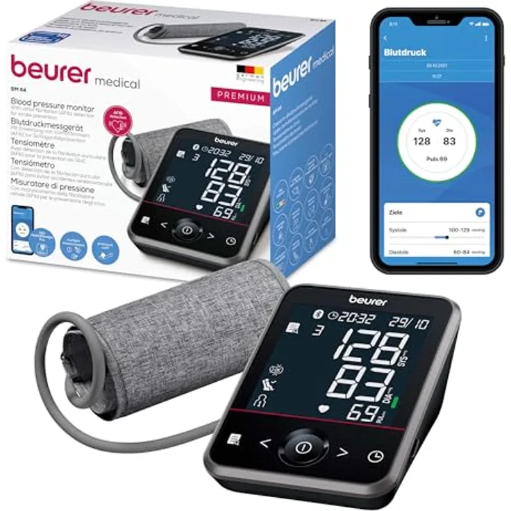 Beurer BM 64 Oberarm-Blutdruckmessgerät, Erkennung von Vorhofflimmern (AFib) zur Schlaganfallprävention, App-Anbindung, patentierter Ruheindikator, Manschette für Oberarme von 22-42 cm, Medizinprodukt