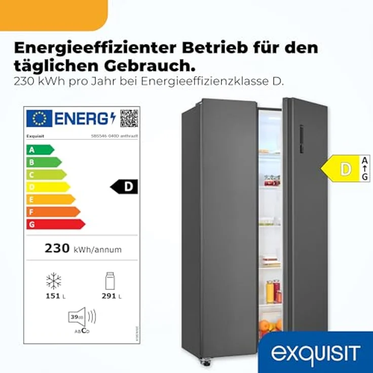 Exquisit SBS546-040D, Side-by-Side Kühlschrank mit Gefrierteil, 442 Liter, 10 Ablagen, No-Frost, LED-Anzeige, 91 cm Breite, anthrazit – Bild 3