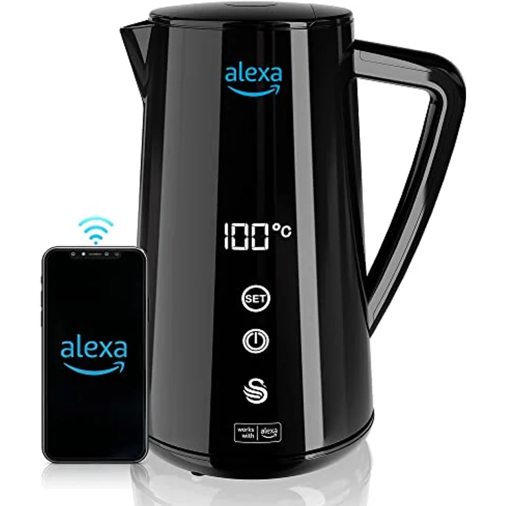 Swan Alexa Wasserkocher WIFI Smart Kettle 1,5L, mit Temperatureinstellung, Schwarz, Kabellos, LED-Touchscreen, Warmhaltefunktion, Cool Touch, Isolierte Edelstahlwand, 1800W, SK14650BLKNEU – Bild 1