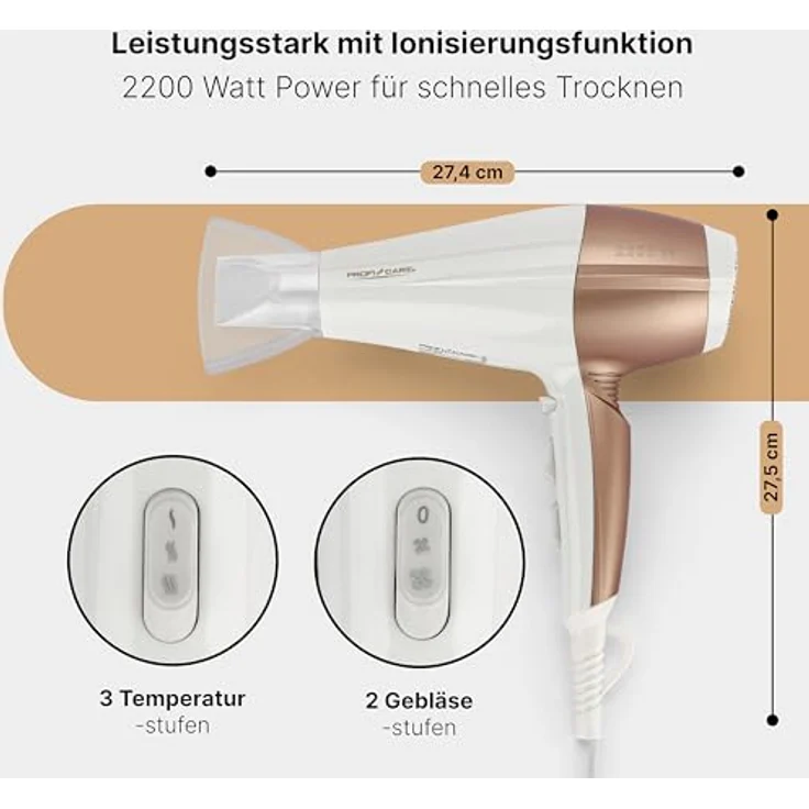 ProfiCare PC-HT 3010 Kompakter Haartrockner, 3 Temperatur--Leistungsstufen, Ionisierungsfunktion, 2 Gebläsestufen, Cool Shot, Weiß-Champagner – Bild 3