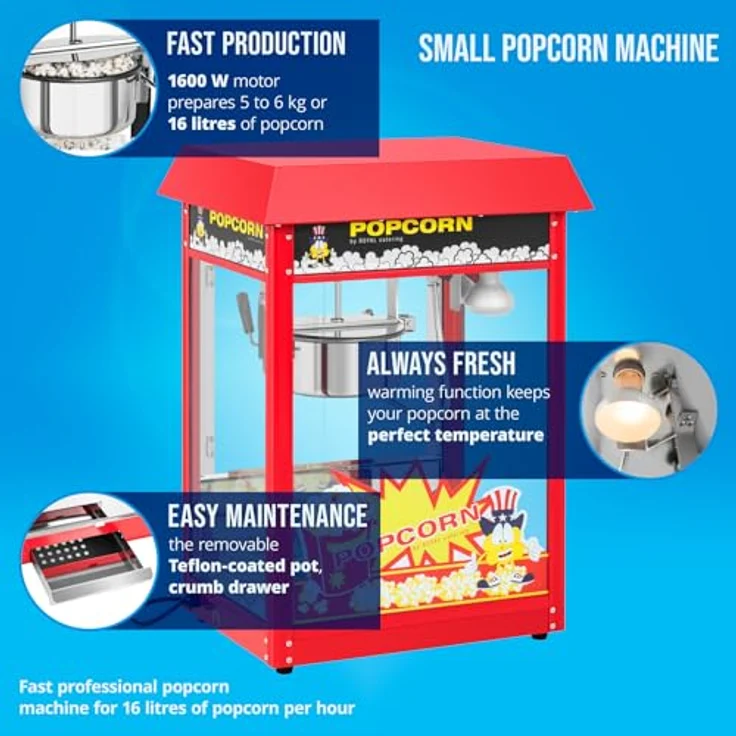 Royal Catering Popcornmaschine RCPR-16E 1600W Edelstahl,gehärtetesglas,Teflonmaterial, rot - Preisvergleich – Bild 3