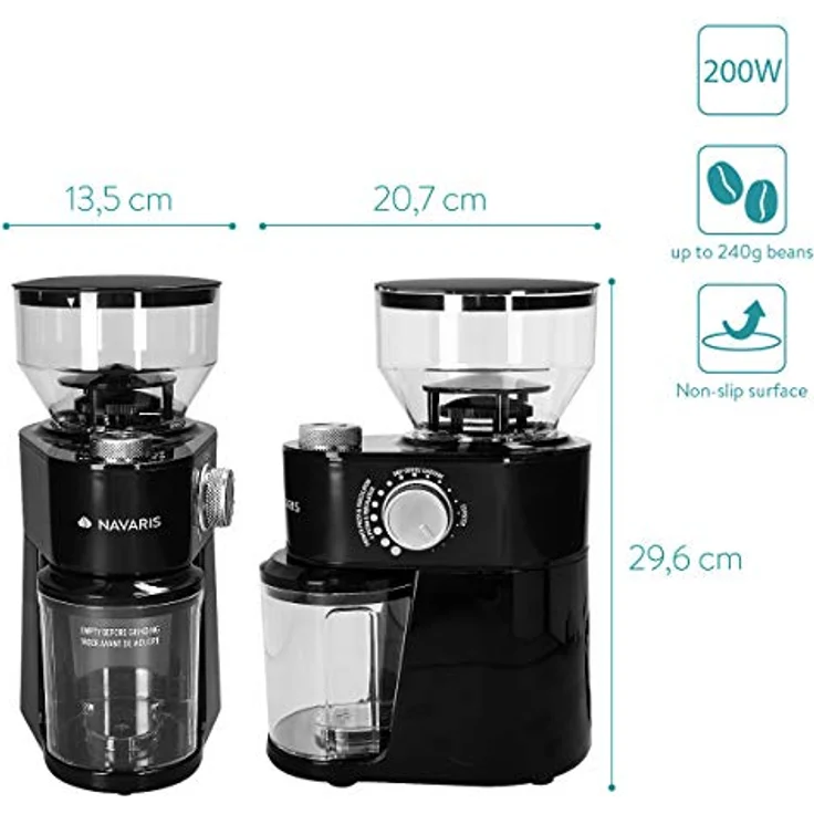 Navaris Kaffeemühle, elektrische Kaffeemühle mit Edelstahl Scheibenmahlwerk - 200W - für bis zu 14 Tassen Kaffee - 18 Mahlgrade - Kaffee Mühle – Bild 6