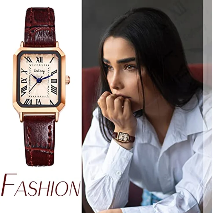 JewelryWe Uhren Damen Analog Quarz Armbanduhr mit klassischen römischen Ziffern, rechteckigem Gehäuse und braunem Lederarmband – Bild 4