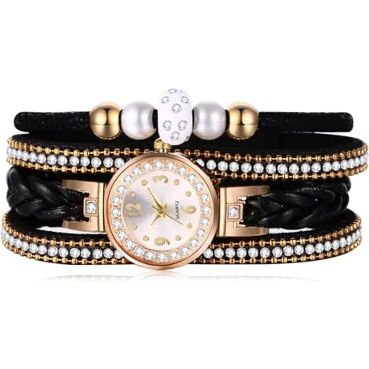 JewelryWe Vintage Damen Armbanduhr, Analog Quarz Uhr mit Schwarz Geflochtenem Lederarmband und Strass, 10m Wasserdicht, Ideal als Geschenk für Frauen