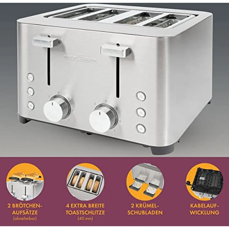 ProfiCook Toaster, Toaster 4 Scheiben, mit 2 getrennten Bedienelementen, Auftau-, Aufwärm-/ Schnellstoppfunktion, Toaster mit Brötchenaufsatz, Toaster Edelstahl, PC-TA 1252 – Bild 5