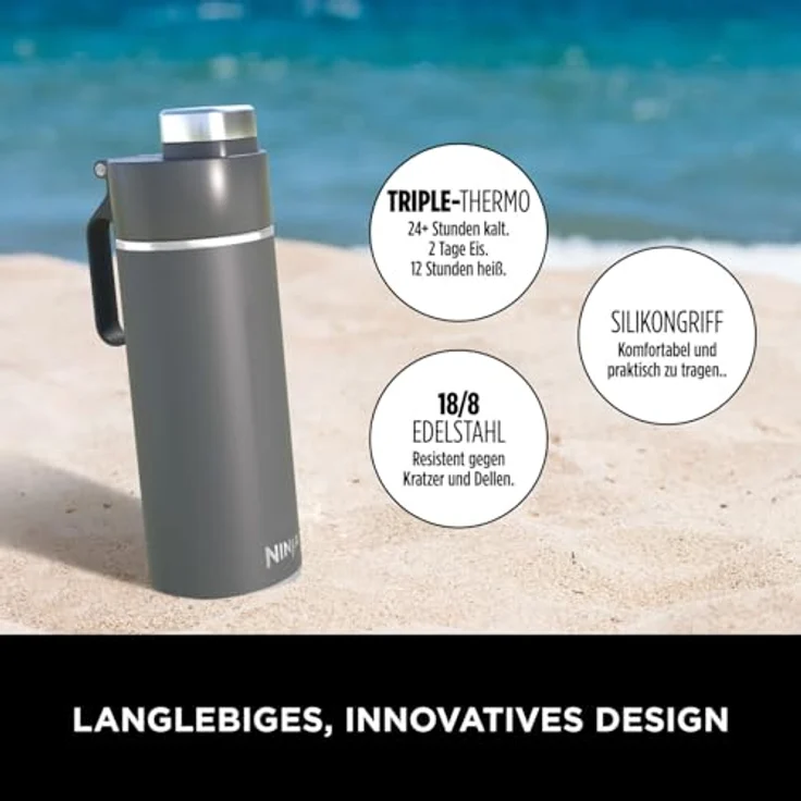 Ninja Thirsti Wasserflasche/Thermobecher to go, 530 ml, dreifach isolierte Reiseflasche, auslaufsicherer Deckel, für heiße & kalte Getränke, Edelstahlflasche, Grau – Bild 3