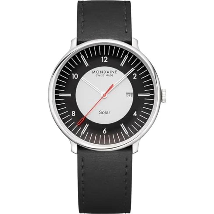 Mondaine MLE.41920.LBV Unisex-Armbanduhr Doppio Solar Schwarz, 41 mm, Edelstahlgehäuse, kalendarisch, kratzfest, mit schwarzem Lederarmband – Bild 1