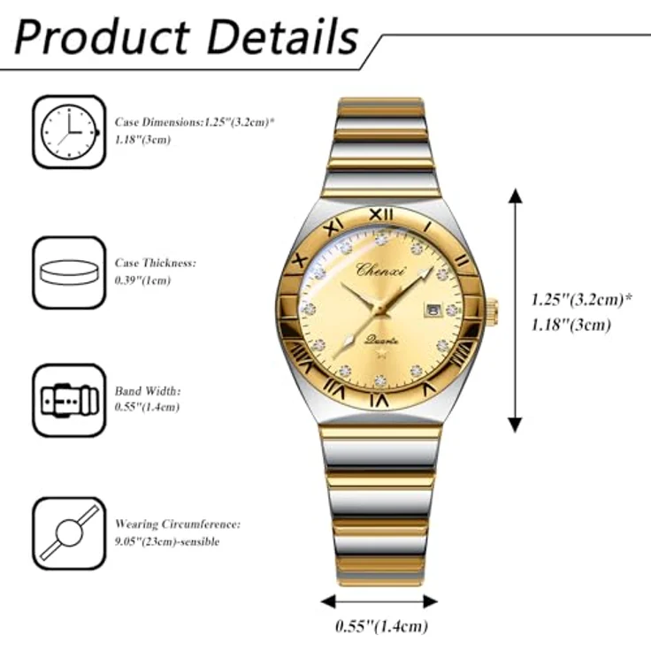 JewelryWe Damenuhr Edelstahl Analog Quarz, 30m wasserdicht, Kalender, römische Ziffern, gold/silber mit Strassskala & rundem goldenem Zifferblatt – Bild 2