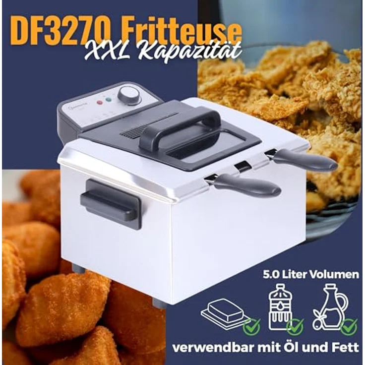 Sommertal XXL Doppel-Fritteuse mit Öl oder Fett – 3 Körbe, 5 Liter, 3000 Watt, Kaltzone, echte Edelstahl Fritteuse für knusprige Pommes – Bild 2