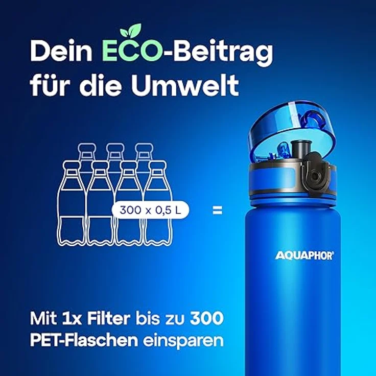 AQUAPHOR City Filterflasche 500ml Blau I Flasche mit Wasserfilter für unterwegs I Filter mit Aktivkohle I Filtert Chlor I Aus Tritan & BPA-frei I Für besseren Geschmack & Geruch des Wassers – Bild 5