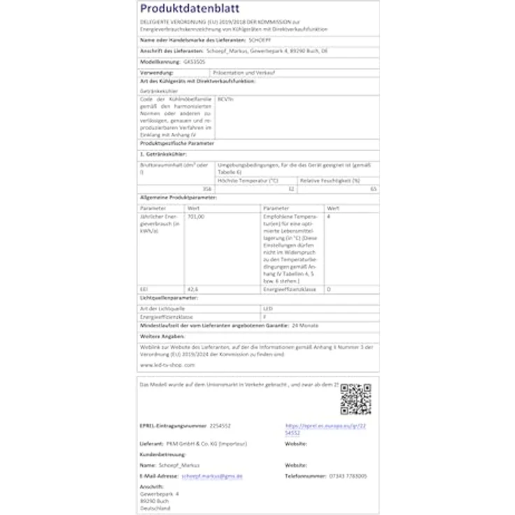 SCHOEPF GKS350 Getränkekühlschrank, Umluft-Kühlung, 347 l, 5 verstellbare Drahtablagen, 194,5 cm Höhe, Weiß – Bild 5