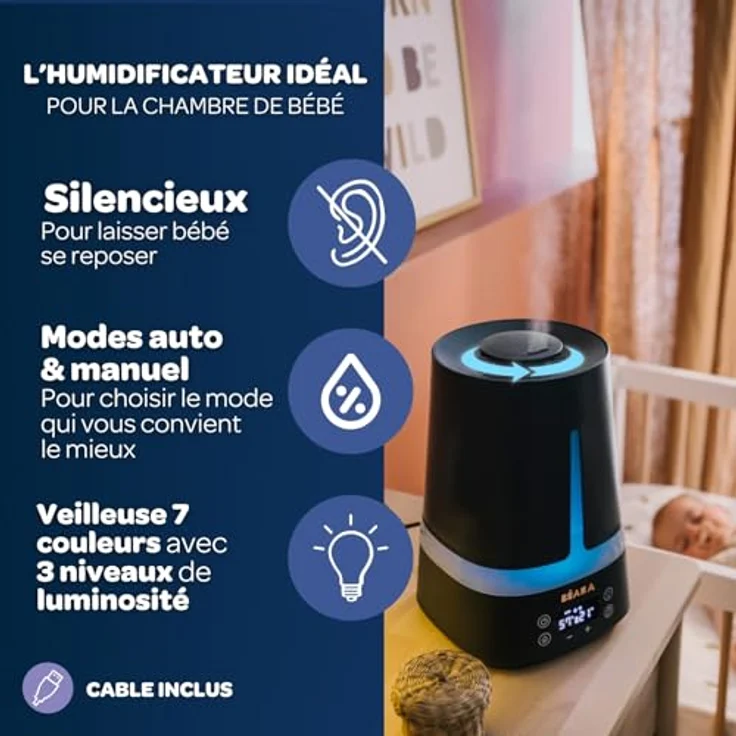 Béaba Zen Air Luftbefeuchter für Baby, Nachtblau, 4 l, 27 Stunden Autonomie, leise, Nachtlicht 7 Farben, 3 Helligkeitsstufen, Düse 360°, 2 Modi, LED-Display, Timer – Bild 4