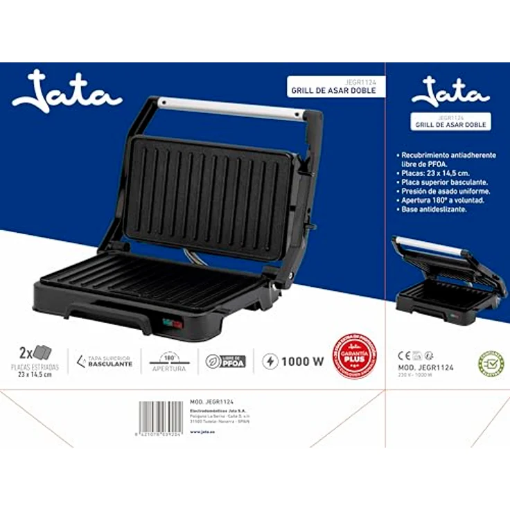 JATA JEGR1124 Elektrogrill, 1000 W mit geriffelten antihaftbeschichteten Platten, 23 x 14,5 cm, Kippdeckel und 180° Öffnung – Bild 2