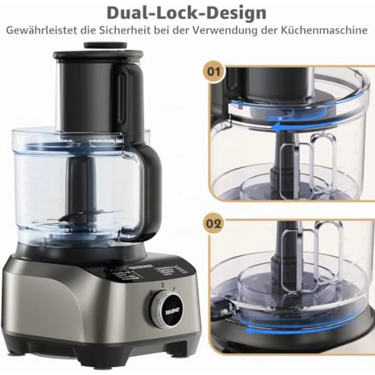 YASHE HGM-410 Multifunktionale Küchenmaschine, 2,5L Schüssel & 1,5L Mixbehälter, 1300-W-Motor mit 11 Funktionen, Schwarz/Grau – Bild 6