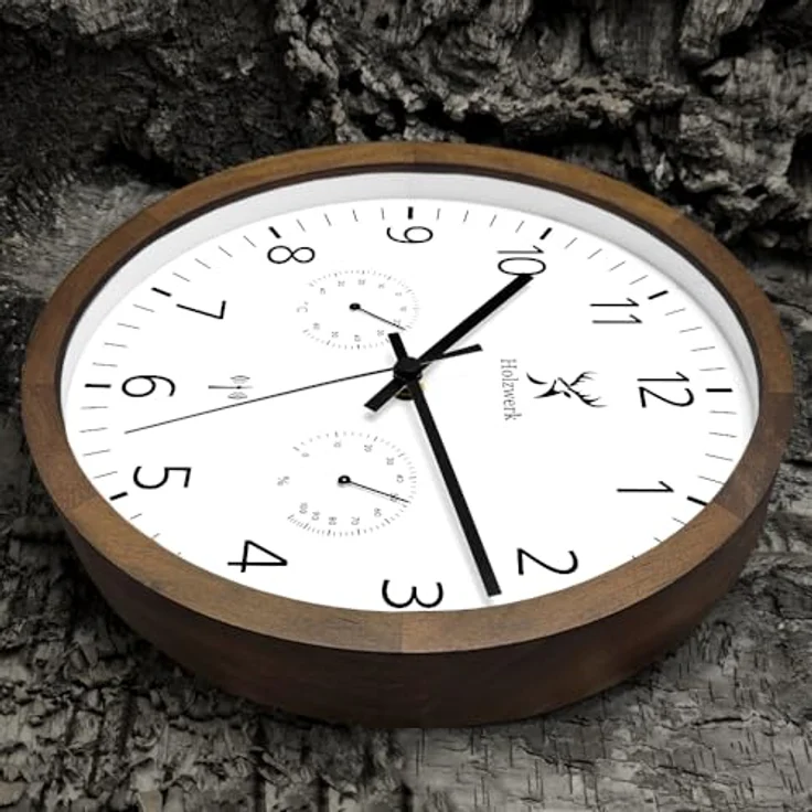 Holzwerk WEGBERG Funk Wanduhr aus Massivholz, 30 cm, mit Temperaturanzeige und Hygrometer, lautloses Uhrwerk, Braun/Buche – Bild 4