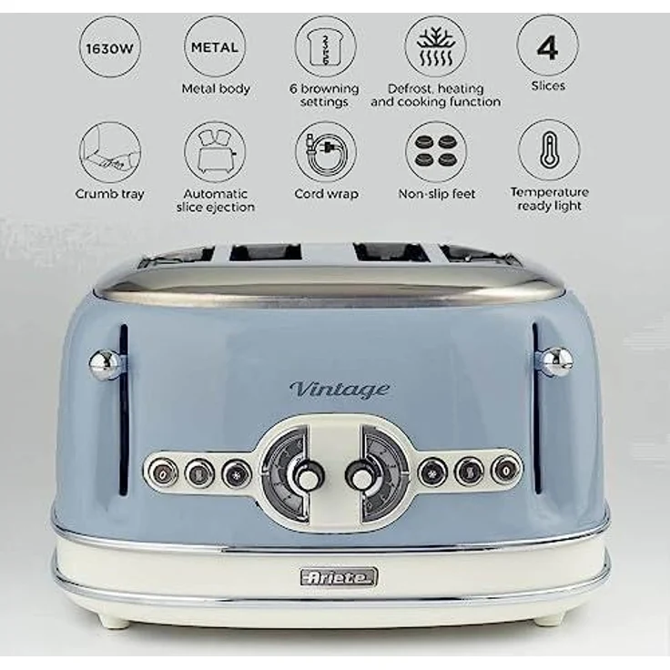 Ariete 156, Design-Toaster für 4 Scheiben,6 Toaststufen, 1600 W, Edelstahl, 4 Brotschlitze, Blau – Bild 4
