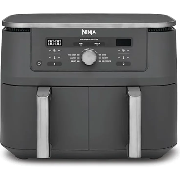 Ninja Dual Zone Digital Air Fryer DZ400EU, 9,5L Heißluftfritteuse mit 2 Schubladen, 6-in-1 Funktionen, spülmaschinenfeste Körbe, Metallic Grau