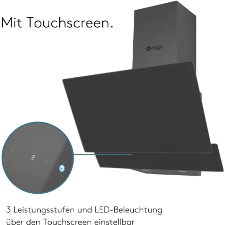 Wiggo Dunstabzugshaube 60cm kopffrei I Abluft Umluft Dunstabzug 300m³/h - LED Touch-Display 3 Stufen I Schräghaube inkl. Fettfilter & 2x Kohlefilter I Abzugshaube mit 2 teiliger Glasfront grau – Bild 4