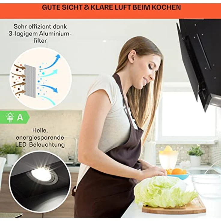 Klarstein 10040234 Wandhaube, Aurora 60 Smart Dunstabzugshaube 550 m³/h 60cm kopffrei Ambiente-Licht EEC A++, schwarz – Bild 5