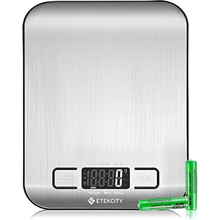 ETEKCITY Küchenwaage, Küchenwaage digital 5KG mit großem LCD-Display,Digitalwaage, Briefwaage mit Großer Edelstahl Wiegefläche, Flüssigkeitsmessung, hohe Präzision auf bis zu 1g, Tara-Funktion, Silber – Bild 1