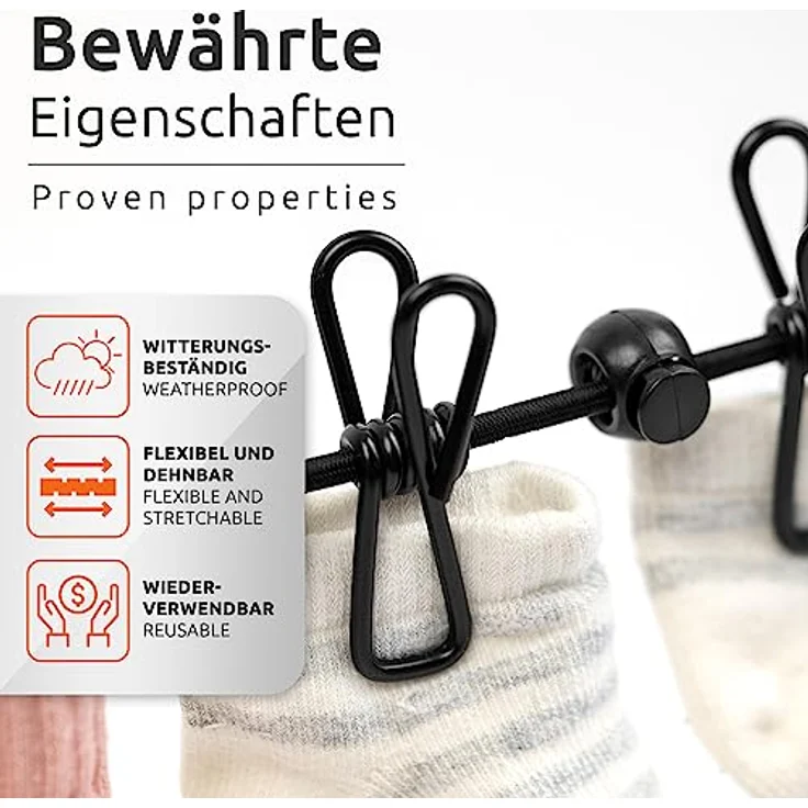 ECENCE 2X Wäscheleine Camping mit 12 Klammern Schwarz, ausziehbar und tragbar – Bild 2